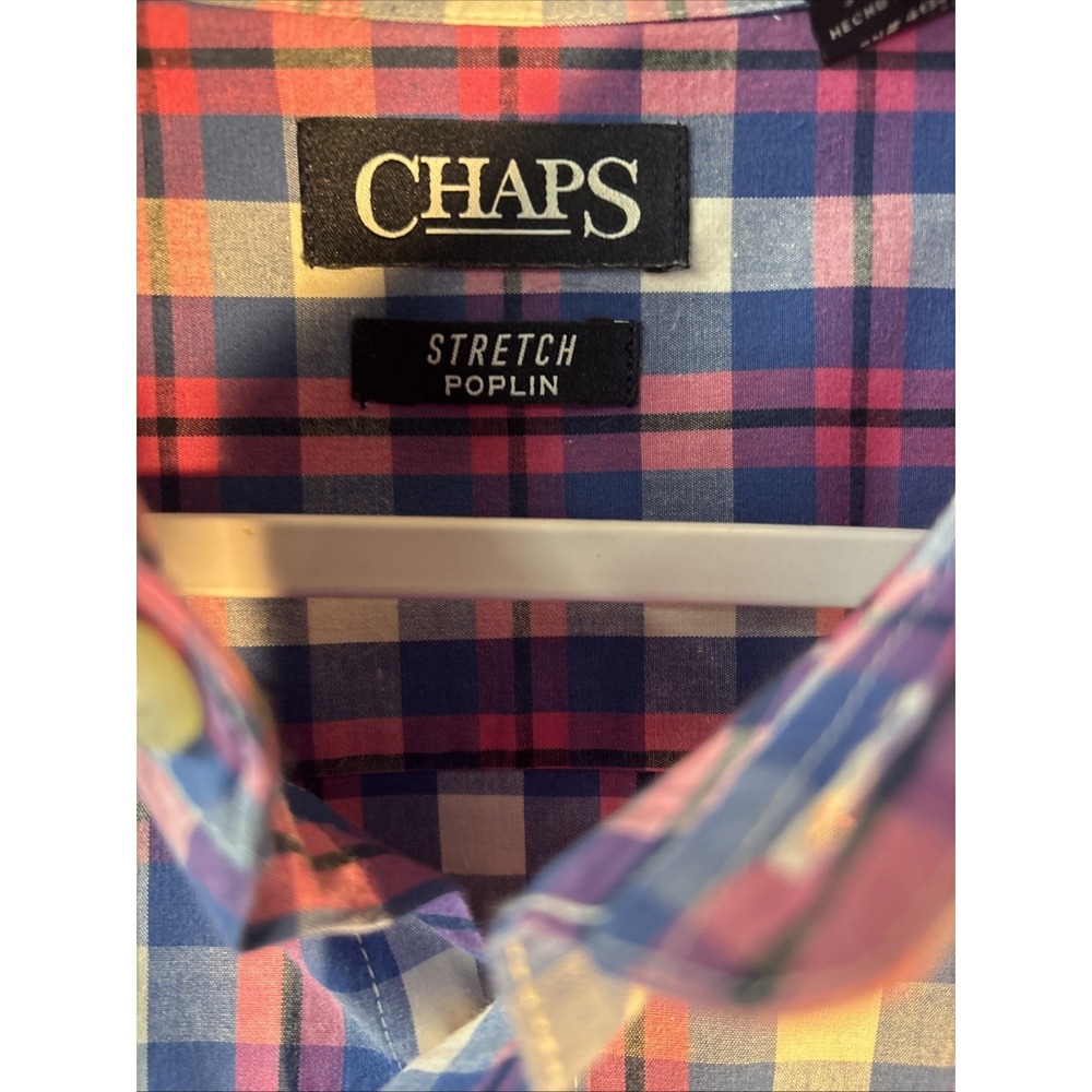 Chaps Stretch Blue And Pink Plaid Short Sleeve Men's Shirt Sz Large - Picture 3 of 11